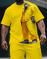 Men's Fashion Yellow Cool Gorillas Cartoon Print Big & Tall Laid-back Short-Sleeve T-shirt & Short Set